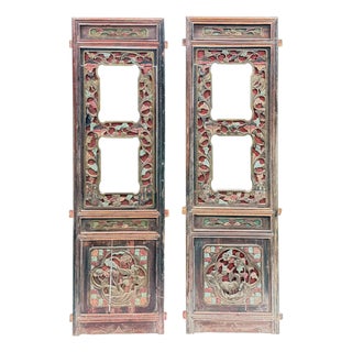 Pair Vintage Fade Color Floral Carving Rectangular Wood Wall Panels For Sale