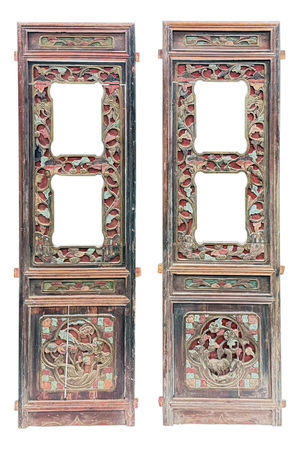 Pair Vintage Fade Color Floral Carving Rectangular Wood Wall Panels