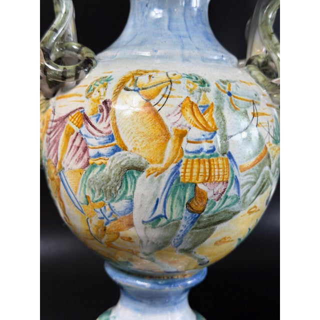 Vintage Italian Hand-Painted Majolica Mythological Vases, 1800s, Set of 2 For Sale - Image 6 of 18