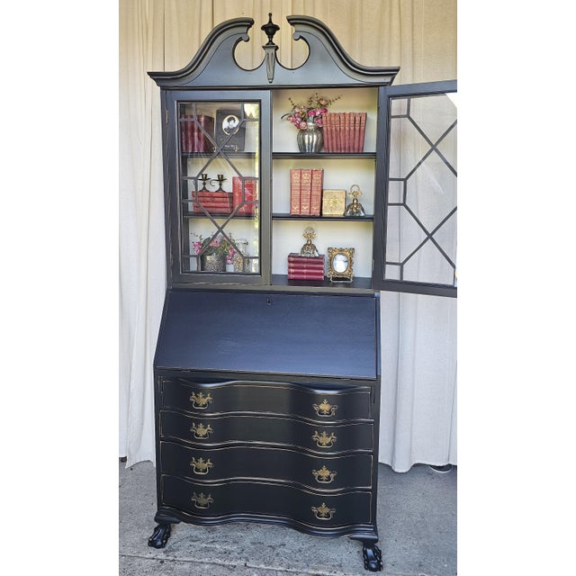 Black Chippendale Style Secretary Desk/ Secretary Hutch, Circa 1940's For Sale - Image 14 of 16