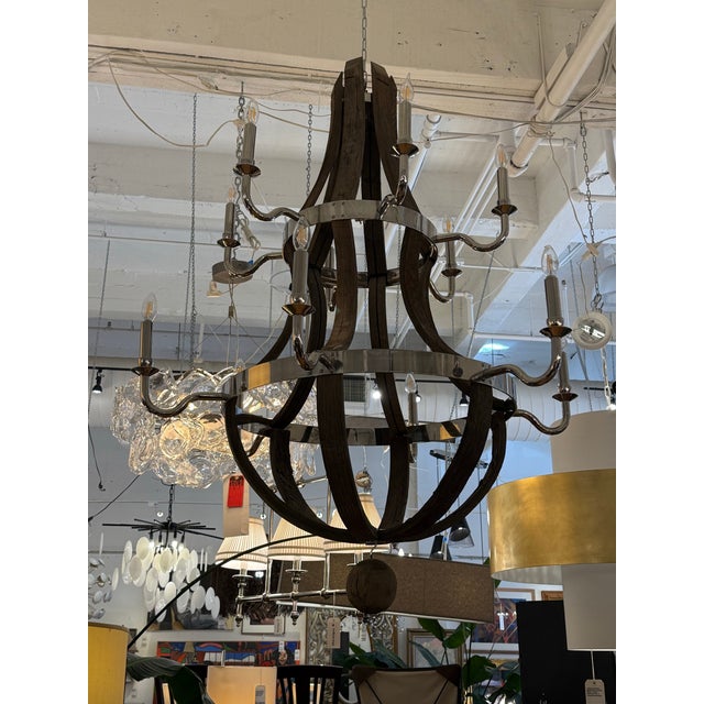 Rustic Restoration Hardware Twelve Light Wine Barrel Chandelier For Sale - Image 3 of 15