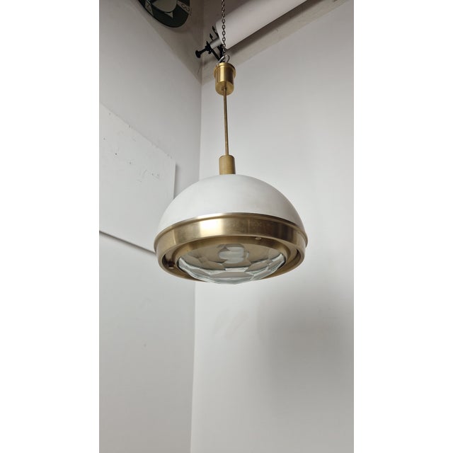 1970s Brass-Plated Aluminum Chandelier with Diamond-Shaped Glass Lampshade by Pia Guidetti Crippa for Lumi, 1970s For Sale - Image 5 of 13