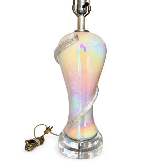 Iridescent Pearlescent Spiral Ribbon Table Lamp With Clear Tiered Base For Sale - Image 13 of 17