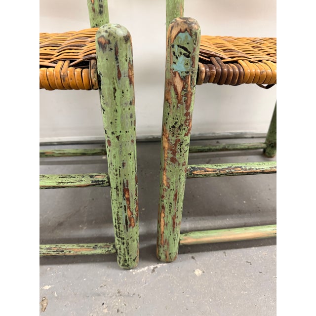 Gorgeous Pair of Distressed Early American Shaker-Style Ladder Back Chairs With Original Green Paint For Sale In Boston - Image 6 of 12