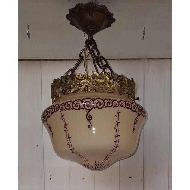 Antique Art Nouveau French Ceiling Lamp with Cream Painted Glass Shade on Brass and Bronze Mount, 1910s For Sale - Image 4 of 7