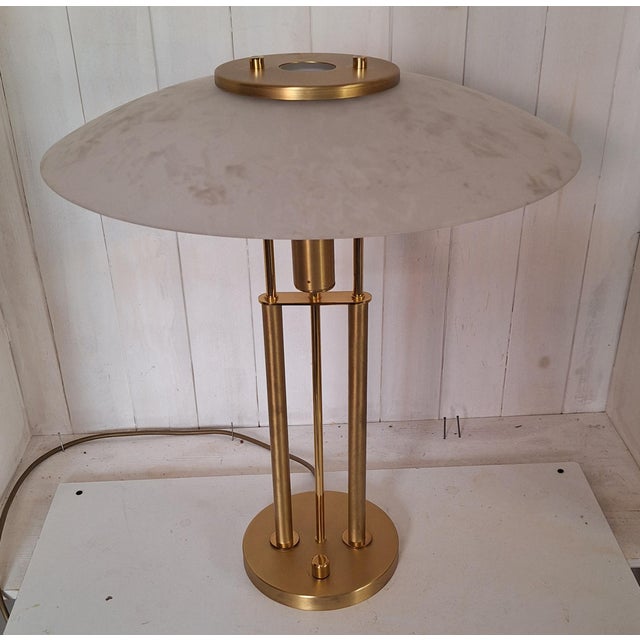 Dimmable Brass-Colored Metal Table Lamp with Glass Shade from TZ-Leuchten, 1980s For Sale - Image 4 of 8