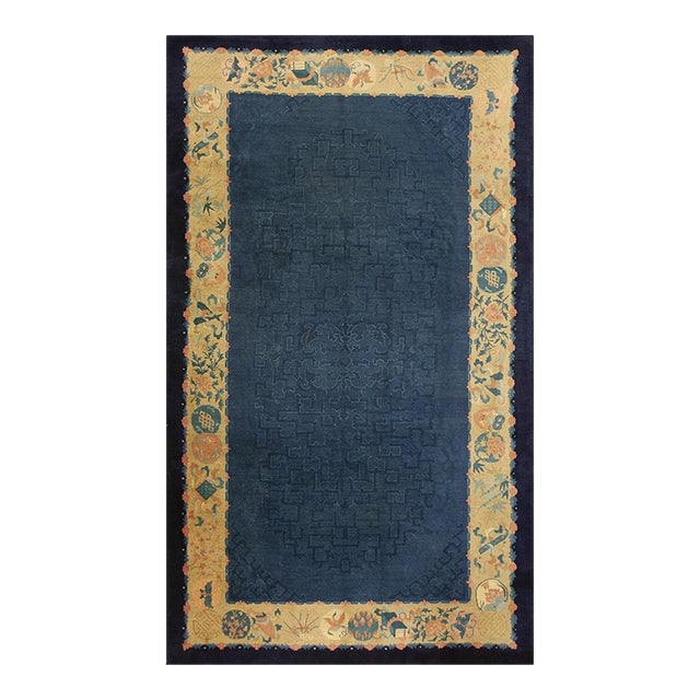 1920s Blue Ground Geometric Antique Chinese Peking Rug 6'10" X11'8" Wool Carpet For Sale