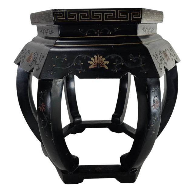 Mid 20th Century Mid-Century Chinese Lacquered Hexagon Side Table – 18” Floral Inlay Accent For Sale - Image 5 of 11