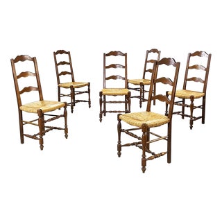 Italian Wooden and Straw Chairs, Late 1800s, Set of 6 For Sale