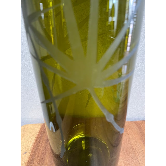 Contemporary Olive Leaf Design Organic Modern Hand Cut Cylinder Vase With With Artist Mark For Sale - Image 3 of 7