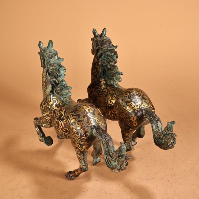 Late 20th Century Pair of Vintage Bronze Galloping Horses – Gold Inlaid Horse Statues, 2.2 LBS For Sale - Image 5 of 10