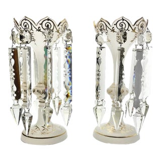 Antique Pair White Satin & Gold Gilded Bohemian Candle or Vase Lusters For Sale