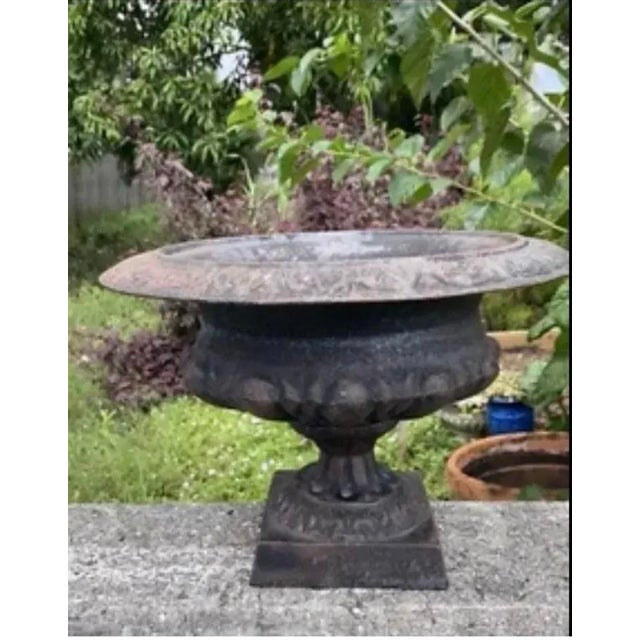 Antique French Cast Iron Garden Urn Planter With Decorative Relief For Sale - Image 11 of 11