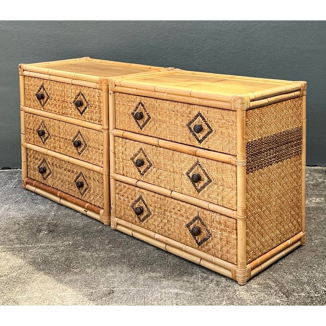 Late 20th Century Vintage Woven Diamond Rattan Chests - A Pair For Sale - Image 5 of 12