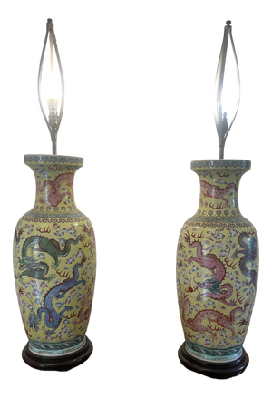 Large 19th Century Chinese Porcelain Vase Lamps, 1880s, Set of 2