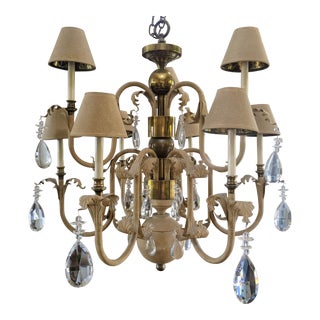 Vintage Late 20th Century Hart Associates Scroll Leaf Brass Chandelier With Polished Crystals and Shades For Sale