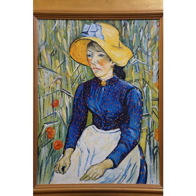 Late 20th Century Peasant Woman Straw Hat Wheat Background Portrait Oil Painting Vincent Van Gogh For Sale - Image 6 of 11