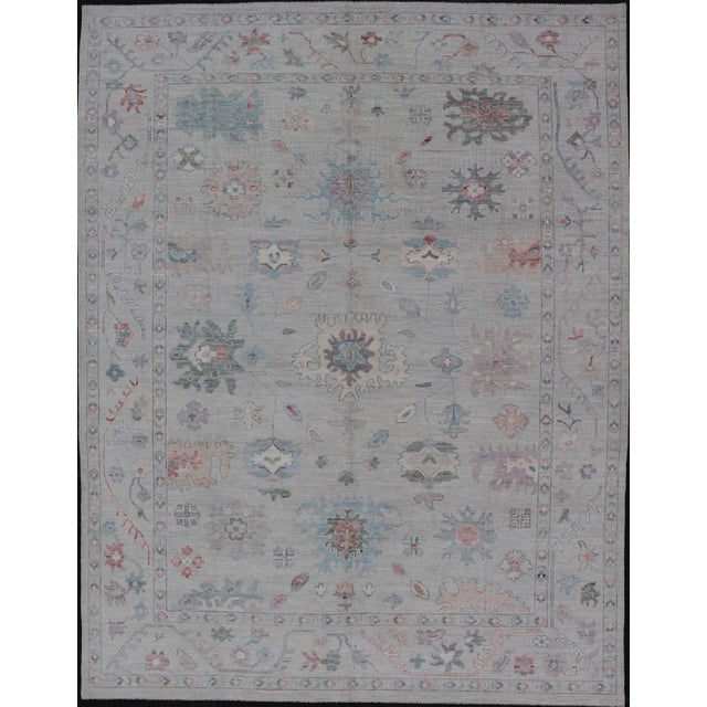 2020s All Over Modern Floral Oushak With a Light Blue-Gray Field and Border With Color For Sale - Image 13 of 13