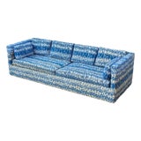 1960s Milo Baughman Style Four Seater Tuxedo Sofa in Original Blue & White Mod Geometric Abstract Upholstery Fabric Mid Century Modern MCM For Sale