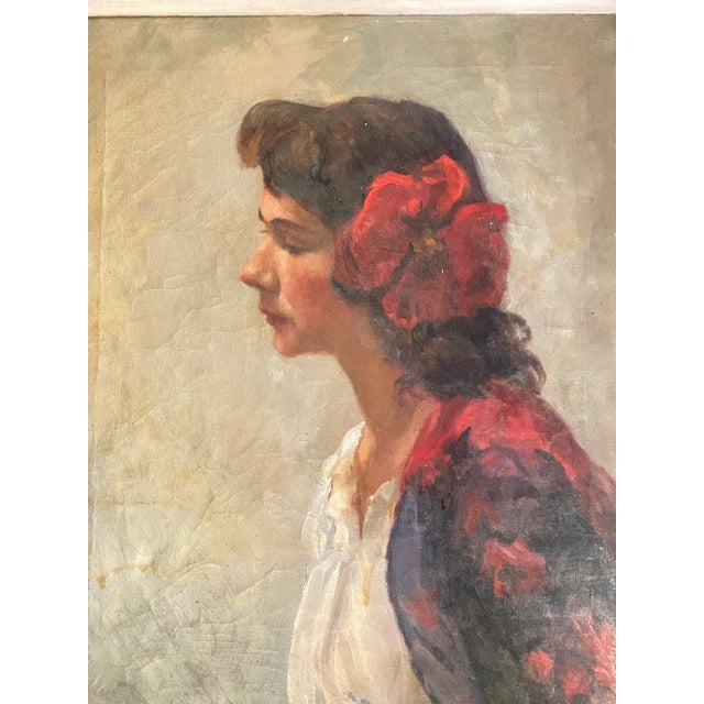 Antique Oil on Canvas Portrait Painting of Beautiful Woman With Hibiscus Flower in Her Hair, Signed Vera Martin Circa 1920’s For Sale - Image 10 of 12