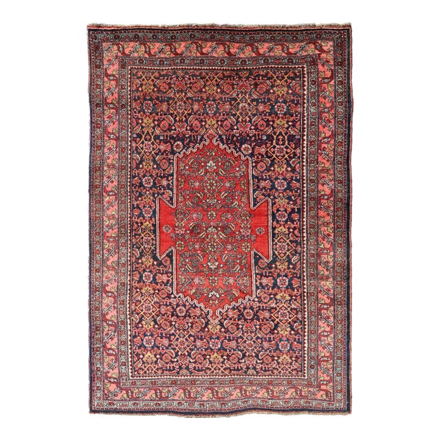 Antique Persian Bidjar Medallion Designed Carpet With Blue's, Red, and Pink For Sale