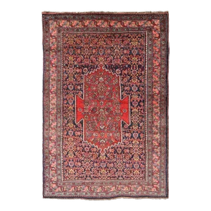 Antique Persian Bidjar Medallion Designed Carpet With Blue's, Red, and Pink