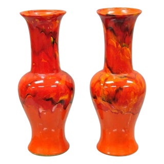 Vintage Red Lava Drip Glazed Mid Century Modern Ceramic Pottery Vessel Vase Pair For Sale