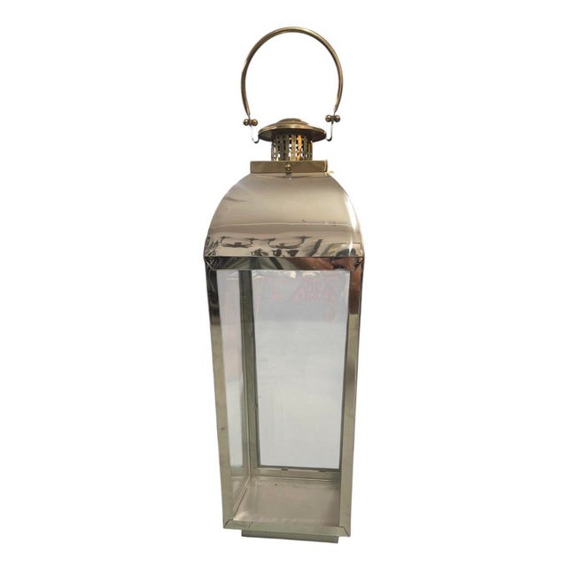 Pair of Vintage Hollywood Regency Style Polished Nickel & Brass Large Floor Lanterns For Sale In West Palm - Image 6 of 12