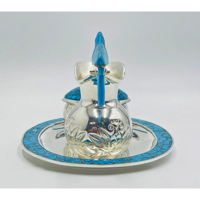 1960s Fajardo Taxco Silver Plate Brass Lapis Toucan Creamer Sugar Tray Set - 3pcs For Sale - Image 9 of 18