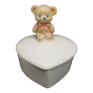 Vintage Otagiri Heart Shaped Trinket Box Teddy Bear Pink Bow Tie on Lid Japan