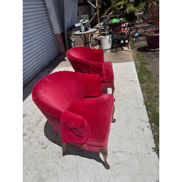 Mid 20th Century Pair of Red Velvet Vintage Tub Chairs For Sale - Image 5 of 5