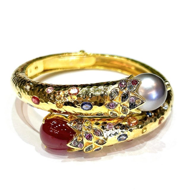 Silver Bochic “Orient” South Sea Pearl, Ruby & Sapphire Bangle Set In 18K Gold & Silver For Sale - Image 8 of 14