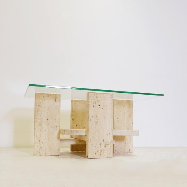 Brutalist Glass and Travertine Coffee Table from Willy Ballez, 1970s For Sale - Image 3 of 13
