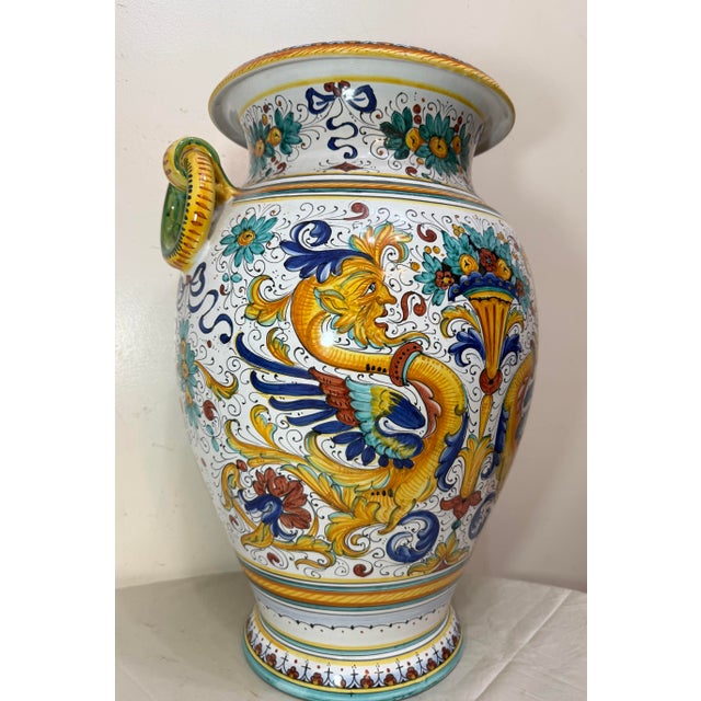 Monumental Antique Handmade Italian Majolica Painted Terracotta Gp Pottery Vase For Sale - Image 4 of 17