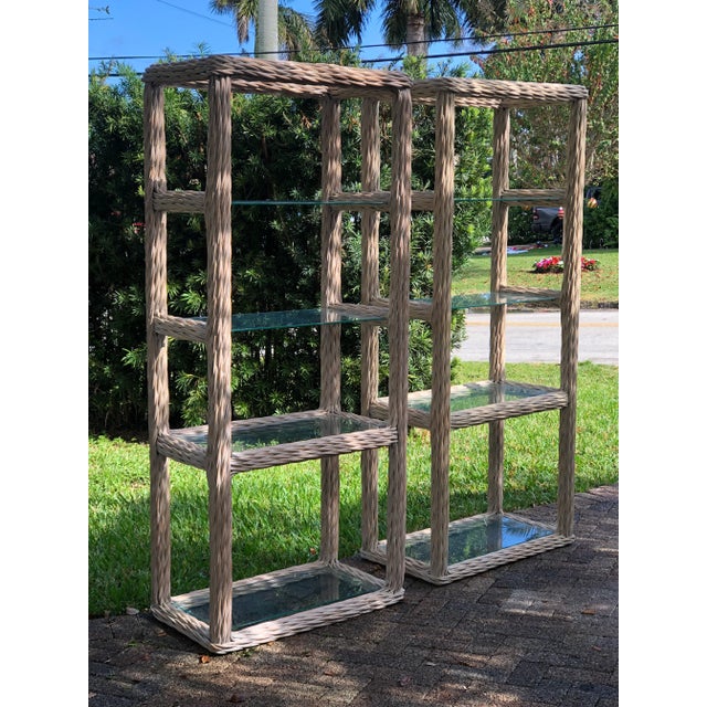 1970s Vintage Coastal Wicker and Rattan Whitewash Étagères - a Pair For Sale - Image 5 of 6