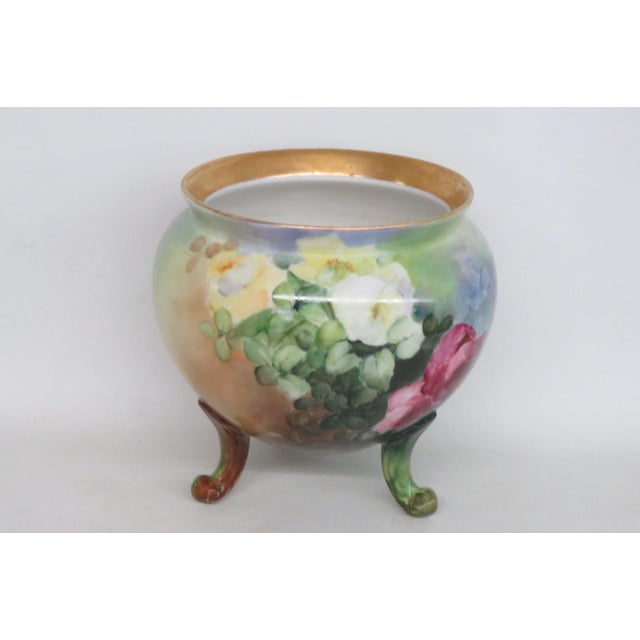 French French Style Footed Porcelain Jardiniere Hand Painted Green With Flowers 4998b For Sale - Image 3 of 13