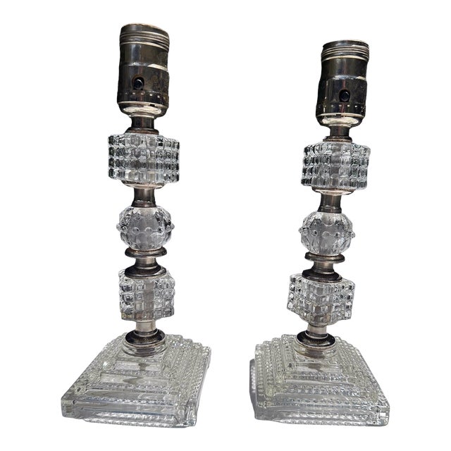 Vintage French Art Deco Cut Crystal Chrome Stacked Candlestick Lamps a Pair For Sale