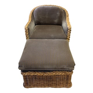 Late 20th Century Bielecky Brothers Style Wicker Chair & Ottoman For Sale