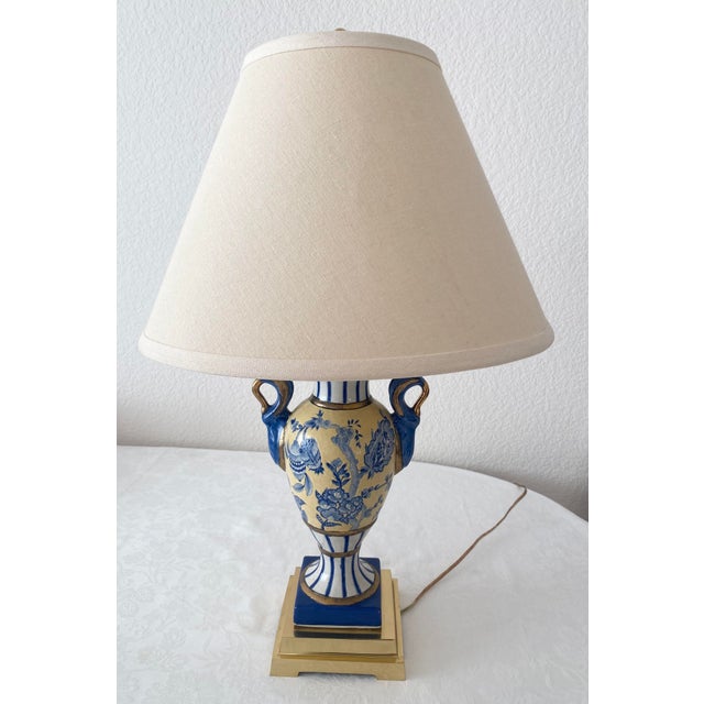 Exquisite Blue, Yellow, & White Floral & Striped Porcelain/Ceramic Urn/Vase Style With Brass Base and Upper Lamp Excellent Condition For Sale - Image 10 of 14