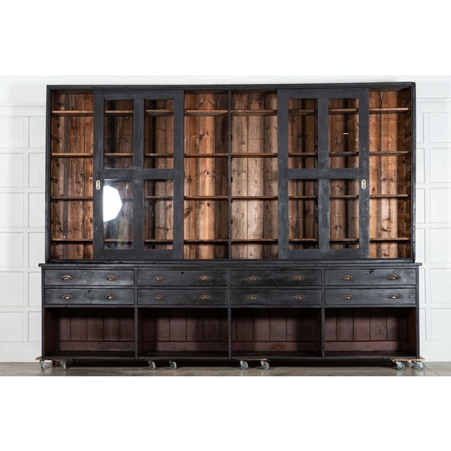 1850 monumental 19th century english pine housekeepers / haberdashery cabinet exceptional form and scale. W360 x d63 x...