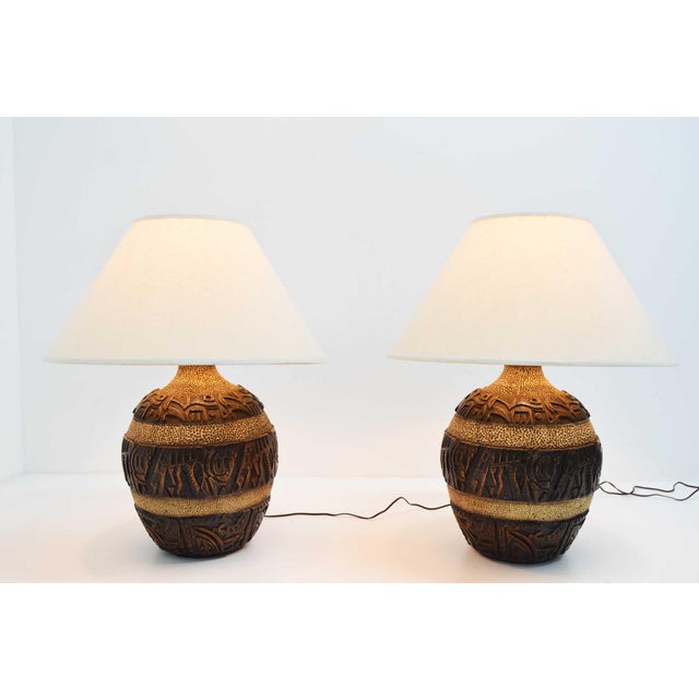 Mid-Century Modern 1970s Mid Century Modern Brutalist Style Bulbous Ceramic Table Lamps in Bronze - a Pair For Sale - Image 3 of 9