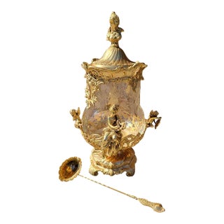 Antique French Gilt Bronze Ormolu Mounted Crystal Punch Bowl and Ladle Set For Sale