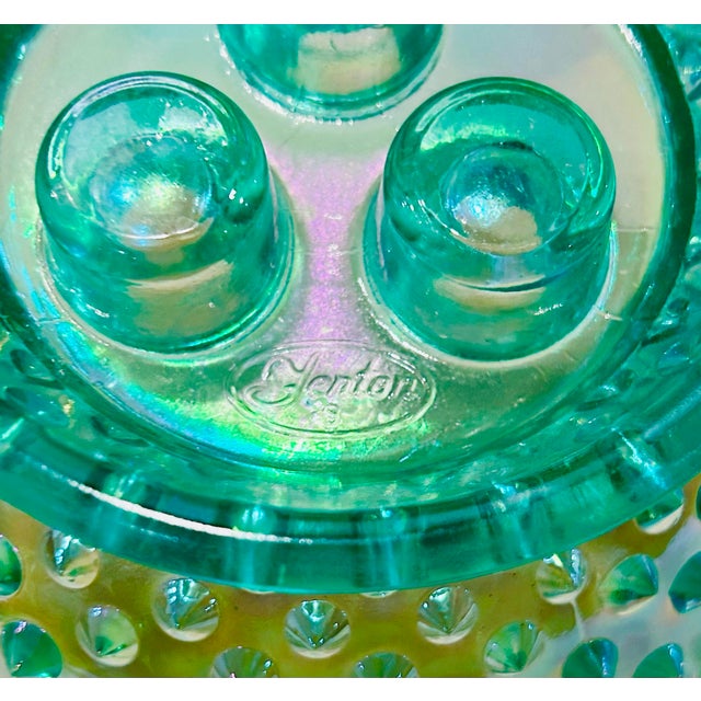 Vintage Fenton Hobnail Opalescent Sea Green Turquoise 3 Horn Epergne For Sale - Image 9 of 10