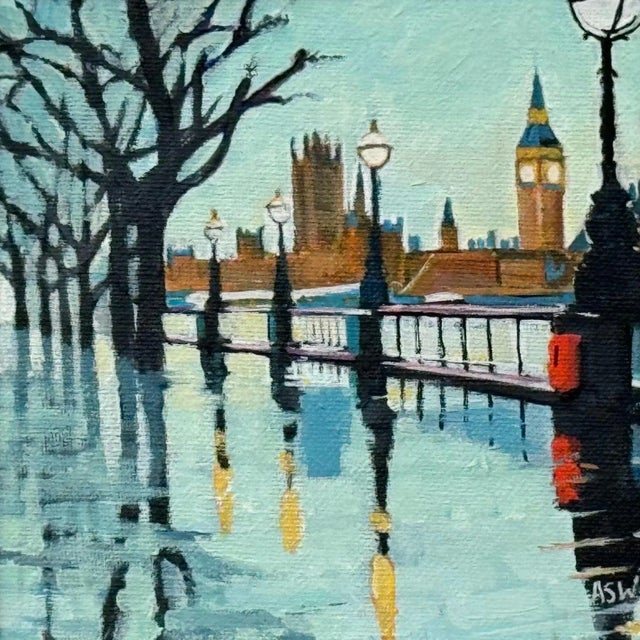 Miniature Painting of Victoria Embankment London & Houses of Parliament, Westminster in the Rain - a unique original from...