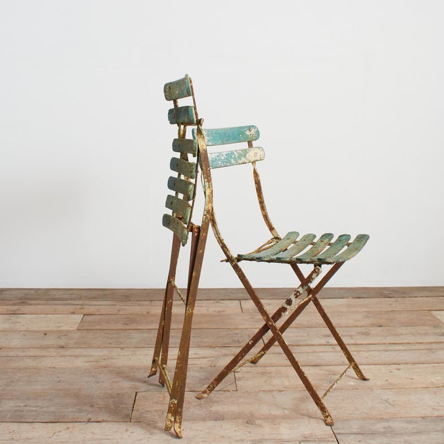 Brown Antique French Folding Slatted Garden Bistro Chairs, 1920s, Set of 2 For Sale - Image 8 of 15