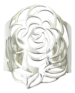 Chanel Rare 925 Solid Silver Camellia Cutout Bangle Cuff Bracelet