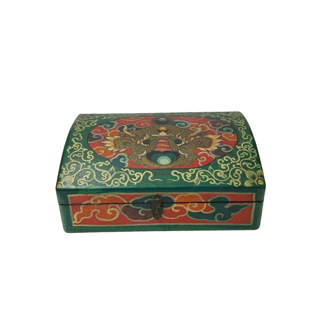 Asian Oriental Rectangular Green Color Kirin Dragon Accent Box For Sale - Image 3 of 6
