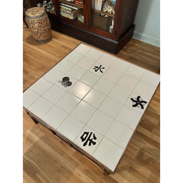 Mid-Century Modern Mid 20th Century “Far Horizons” Rattan and Tile Campaign Style Coffee Table by Ficks Reed For Sale - Image 3 of 12
