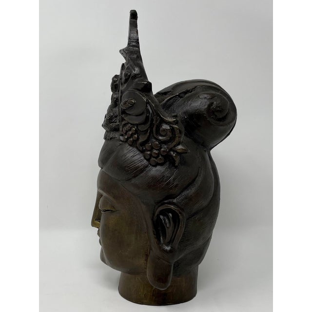 Metal Antique Guan Yin Bodhisattva Bronzed Iron Head Figures - Set of 2 For Sale - Image 7 of 10