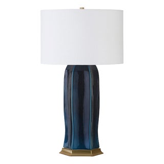 Matthew Izzo Home Barron Glossy Navy Glaze Ceramic Table Lamp With Brass Details and White Shade For Sale